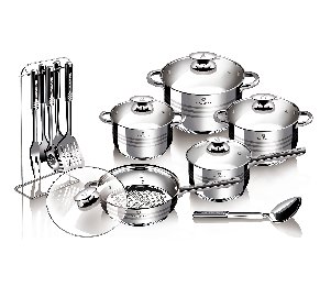 סט בישול מאובזר 17 חלקים מנירוסטה עם מכסי זכוכית